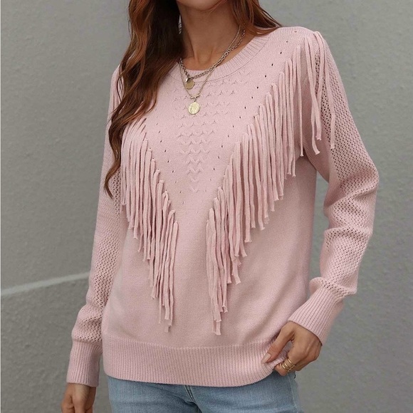 Ontwelfth blush pink boho Fringe long sleeve sweater NWT size M - Picture 8 of 12